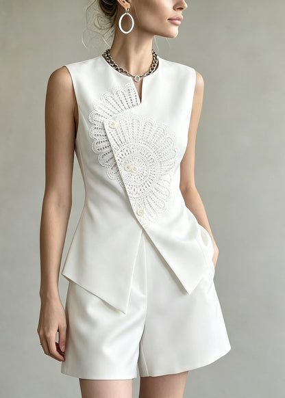 Stylish White Waistcoat Top And Shorts Two Pieces Set Sleeveless