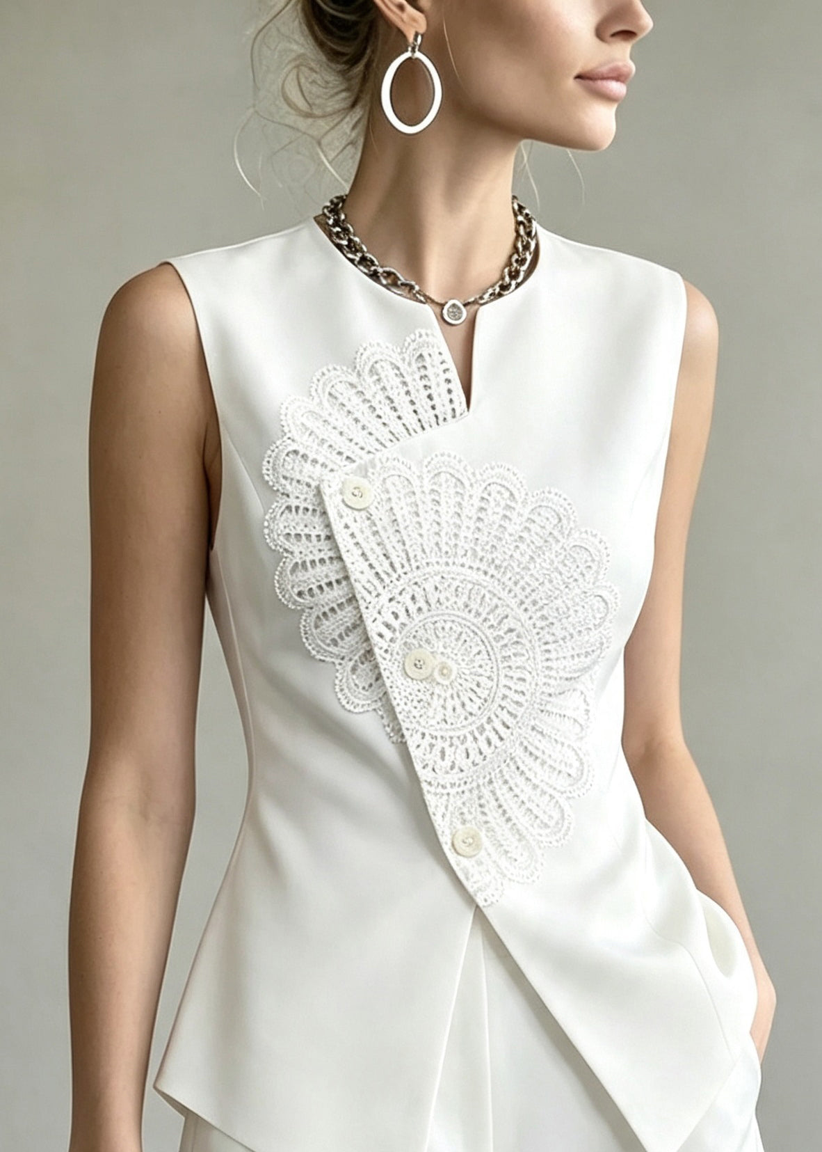 Stylish White Waistcoat Top And Shorts Two Pieces Set Sleeveless