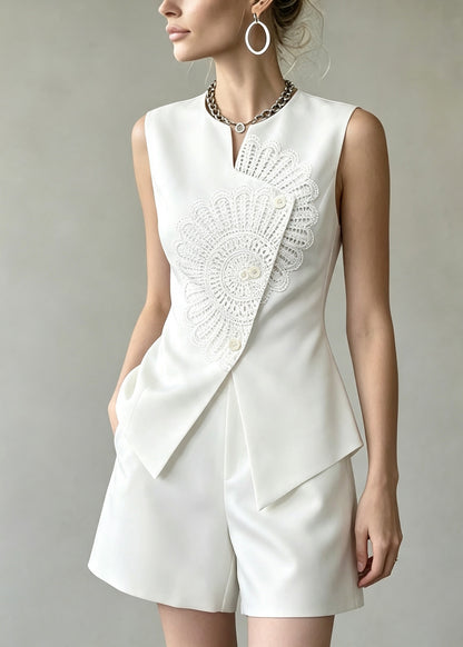 Stylish White Waistcoat Top And Shorts Two Pieces Set Sleeveless