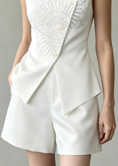 Stylish White Waistcoat Top And Shorts Two Pieces Set Sleeveless