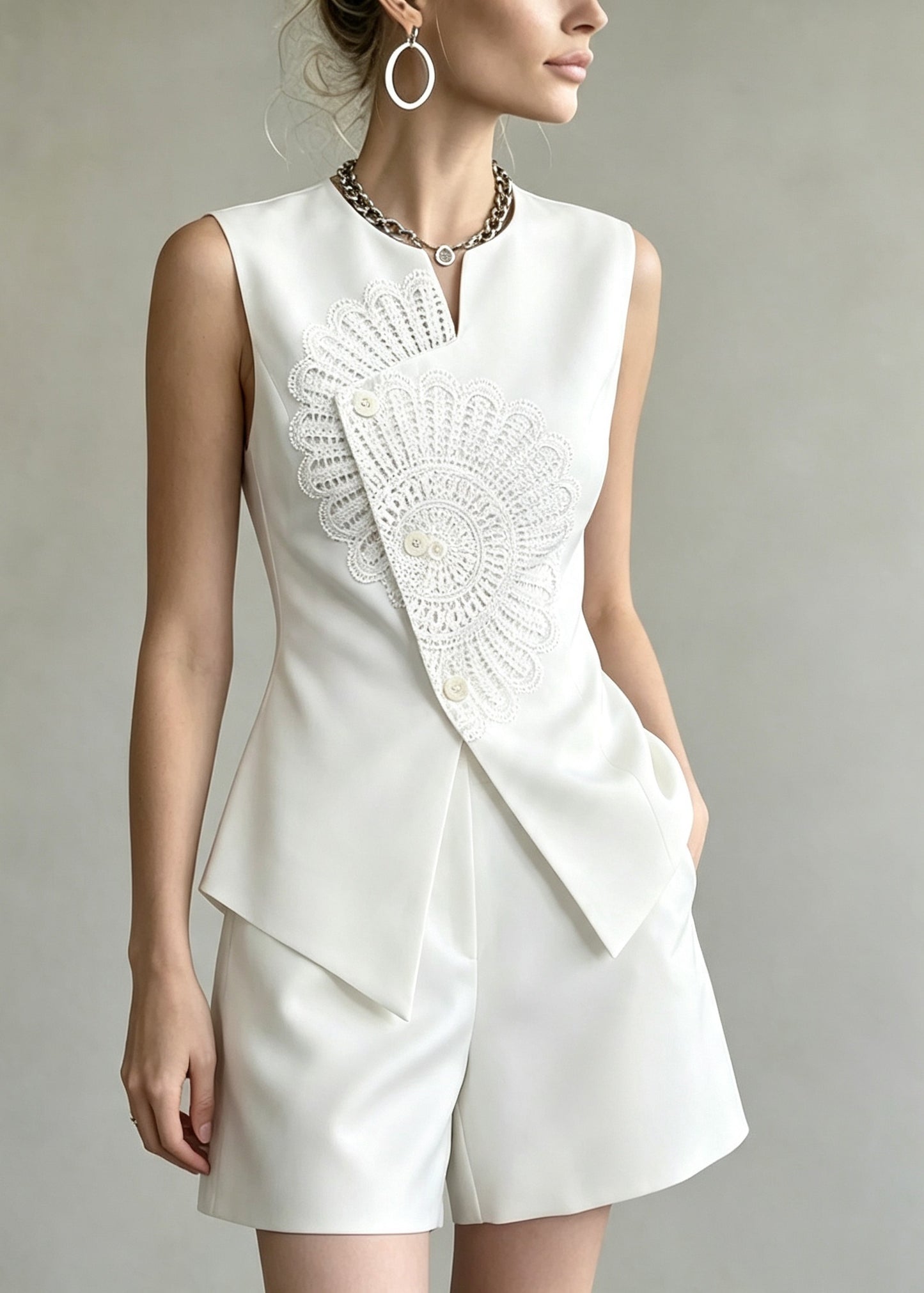 Stylish White Waistcoat Top And Shorts Two Pieces Set Sleeveless