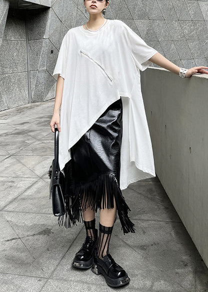 Stylish White Zip Up Asymmetrical Design Cotton Top Summer