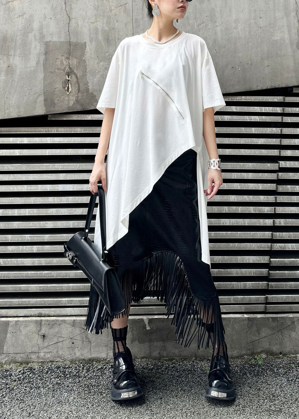Stylish White Zip Up Asymmetrical Design Cotton Top Summer