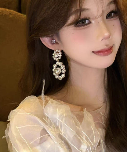 Stylish White Zircon Pearl Hollow Out Drop Earrings
