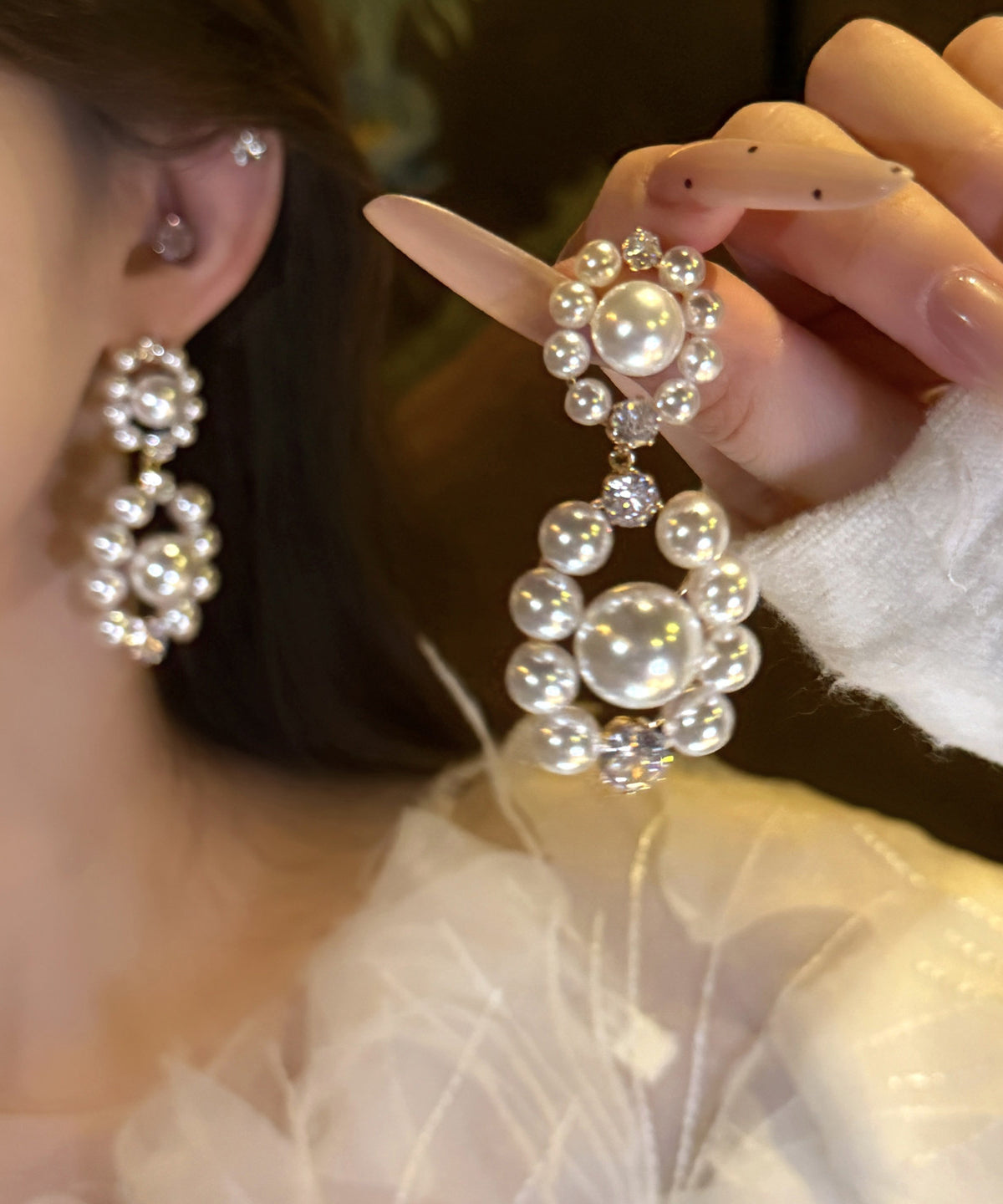 Stylish White Zircon Pearl Hollow Out Drop Earrings