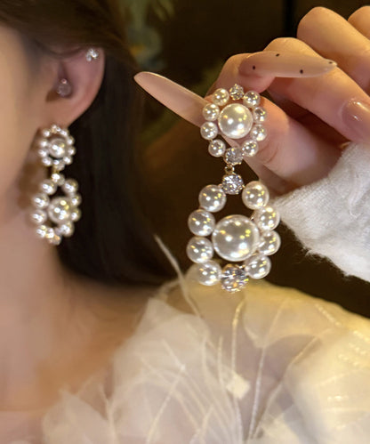 Stylish White Zircon Pearl Hollow Out Drop Earrings