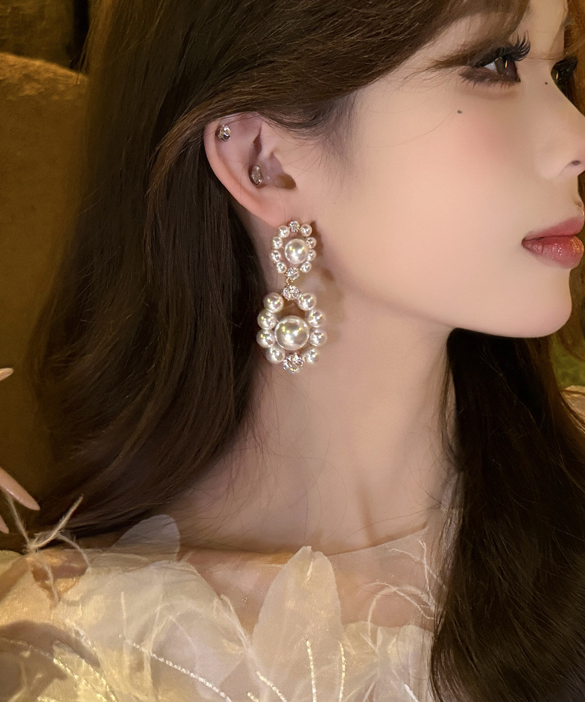 Stylish White Zircon Pearl Hollow Out Drop Earrings