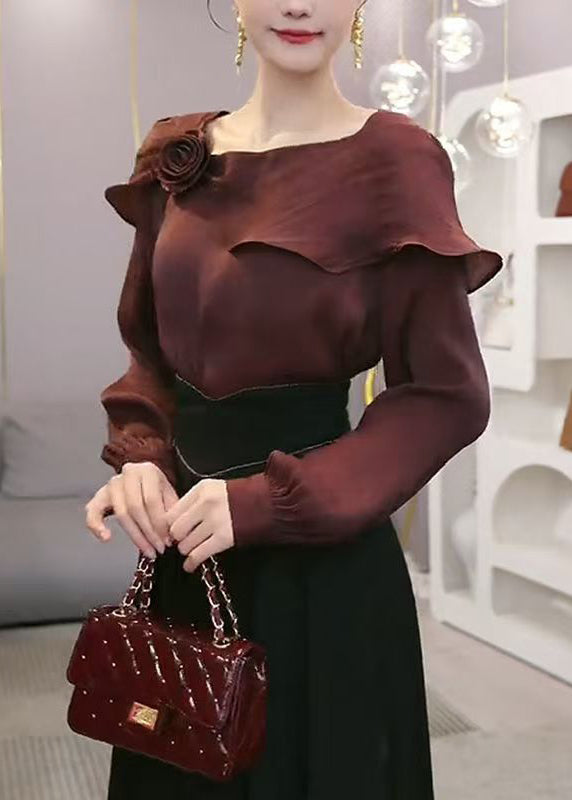 Stylish Wine Red Ruffled Floral Chiffon Blouses Spring