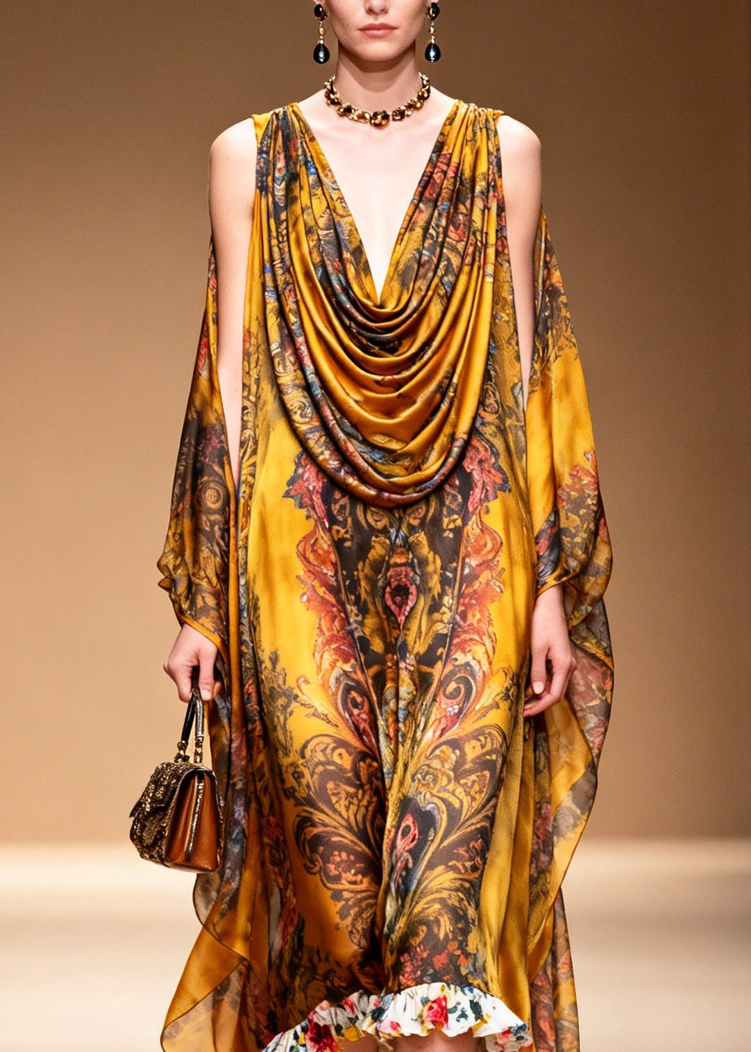 Stylish Yellow Cold Shoulder Print Chiffon Maxi Dresses Summer