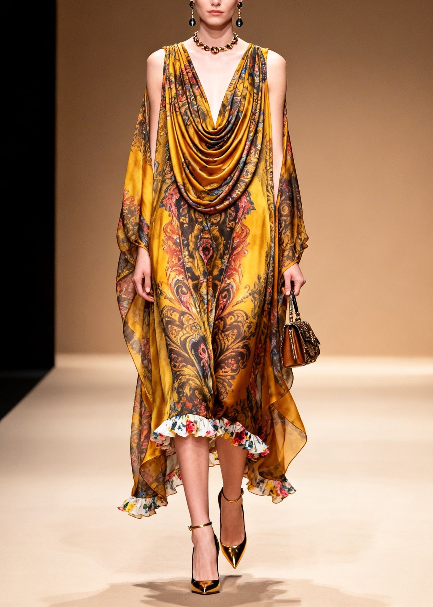 Stylish Yellow Cold Shoulder Print Chiffon Maxi Dresses Summer