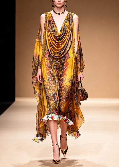 Stylish Yellow Cold Shoulder Print Chiffon Maxi Dresses Summer