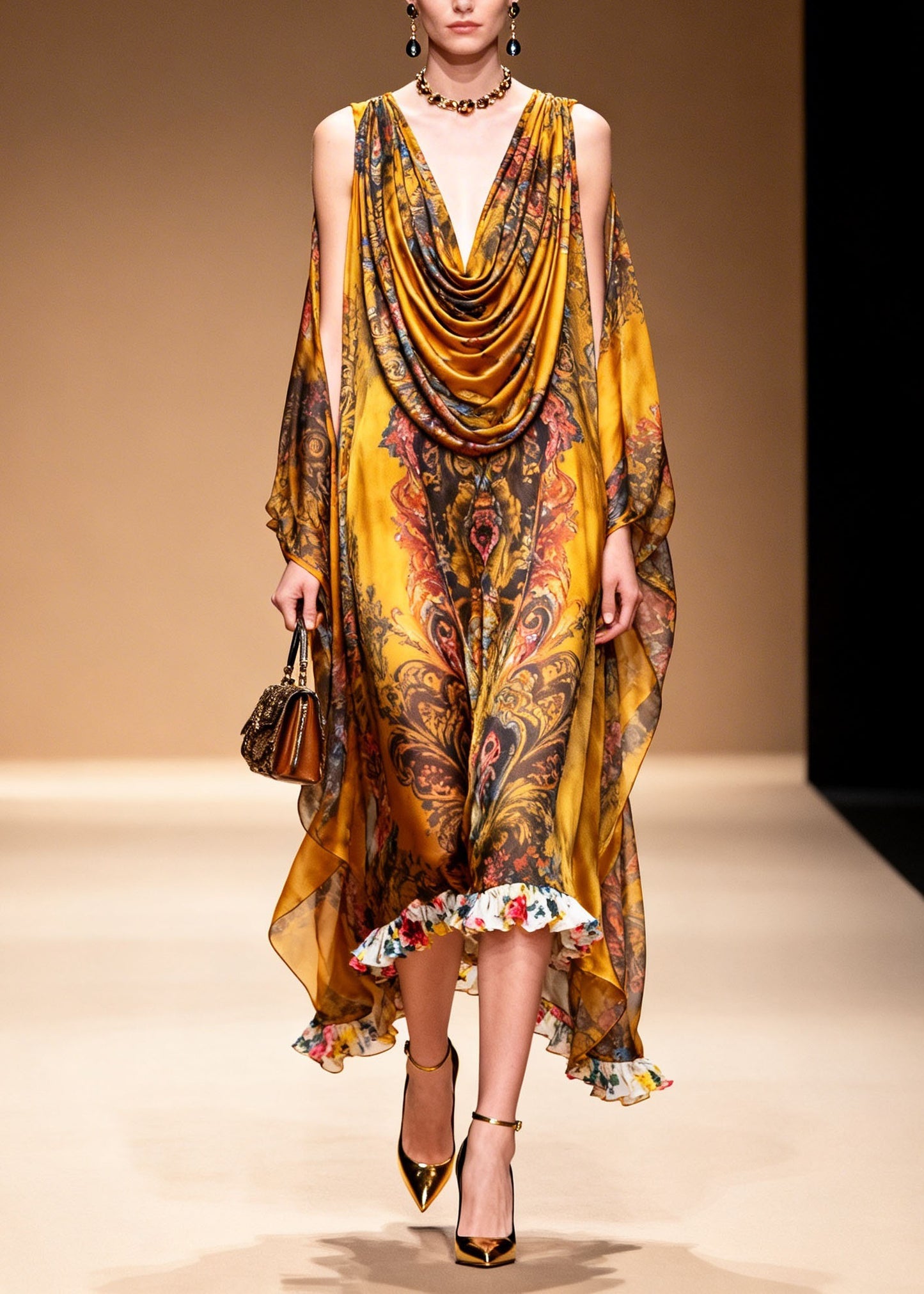Stylish Yellow Cold Shoulder Print Chiffon Maxi Dresses Summer