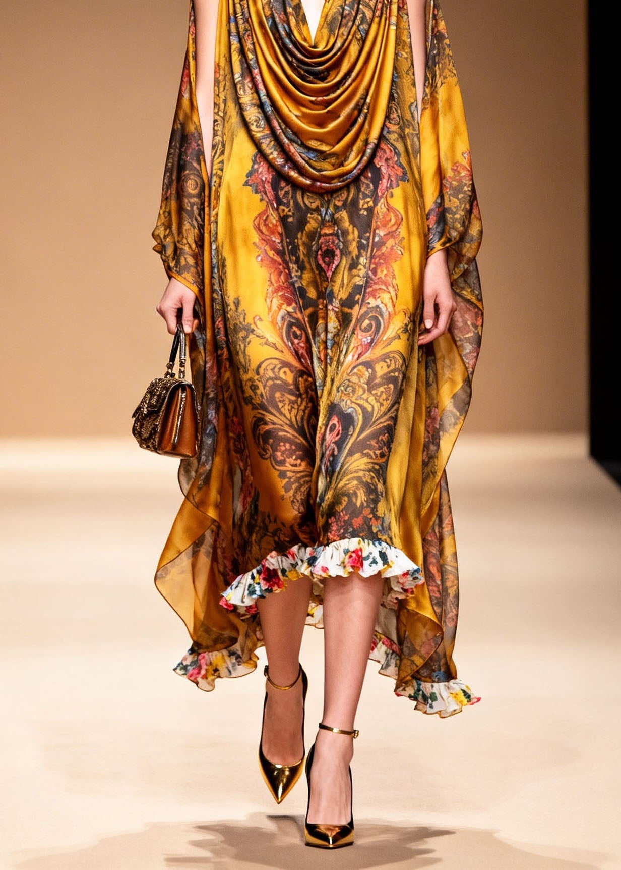 Stylish Yellow Cold Shoulder Print Chiffon Maxi Dresses Summer