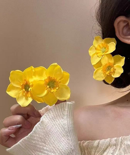 Stylish Yellow Copper Cloth Floral A Pair Hairpin