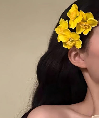 Stylish Yellow Copper Cloth Floral A Pair Hairpin
