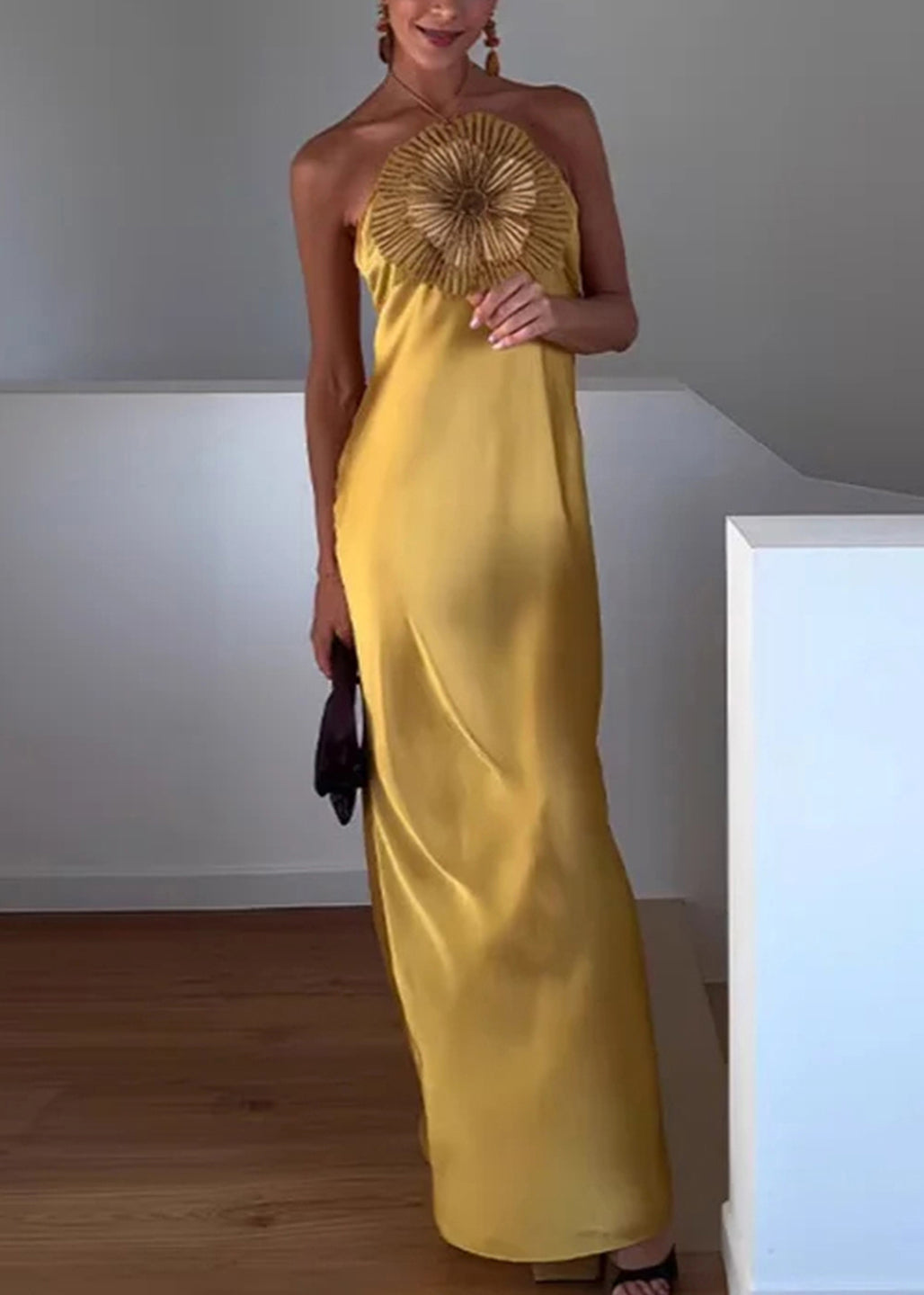 Stylish Yellow Floral Nail Bead Silk Party Dress Sleeveless