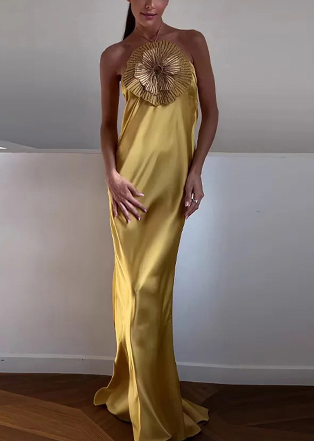 Stylish Yellow Floral Nail Bead Silk Party Dress Sleeveless