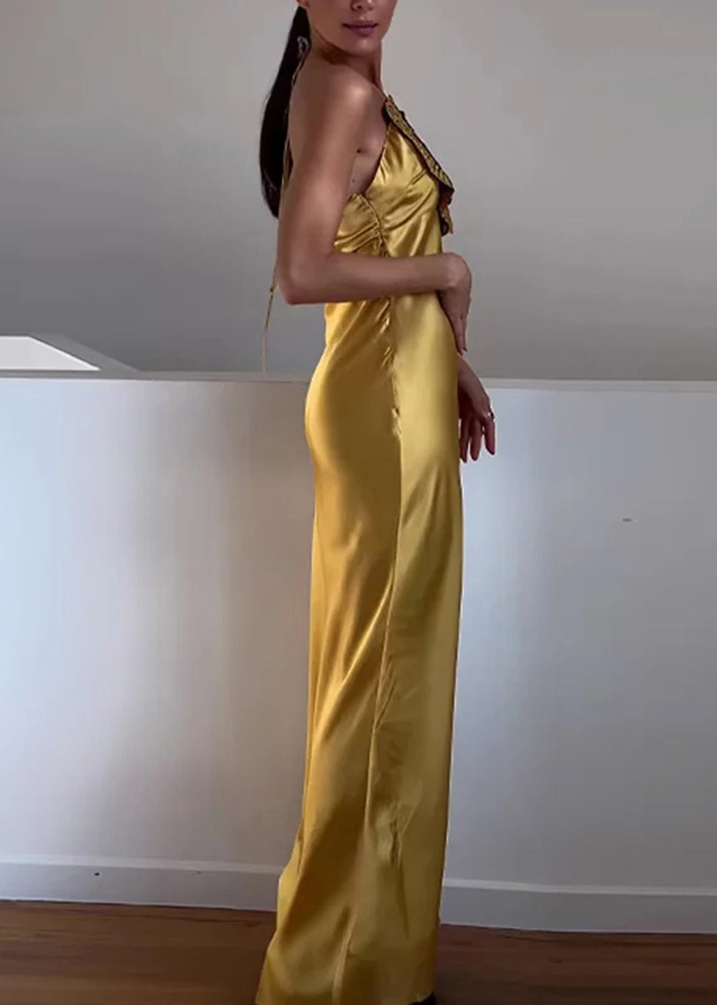 Stylish Yellow Floral Nail Bead Silk Party Dress Sleeveless