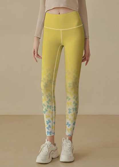 Stylish Yellow Gradient Bow Print High Waist Butt Scrunch Capri Running Leggings