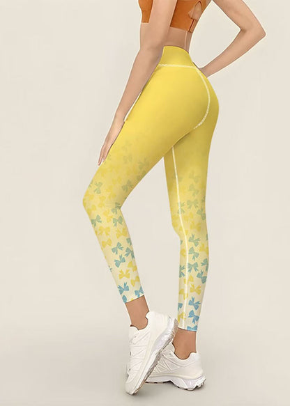 Stylish Yellow Gradient Bow Print High Waist Butt Scrunch Capri Running Leggings