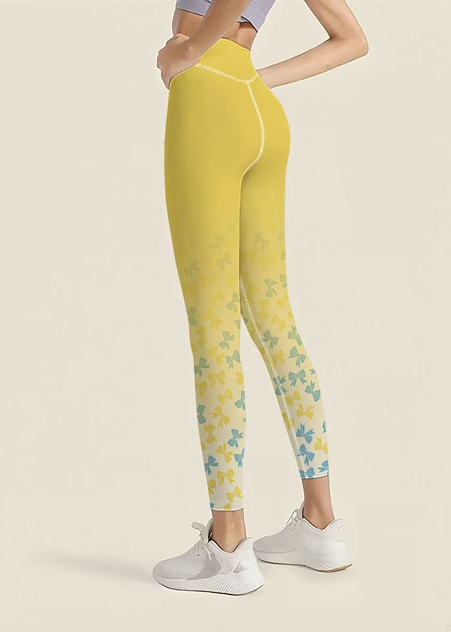 Stylish Yellow Gradient Bow Print High Waist Butt Scrunch Capri Running Leggings
