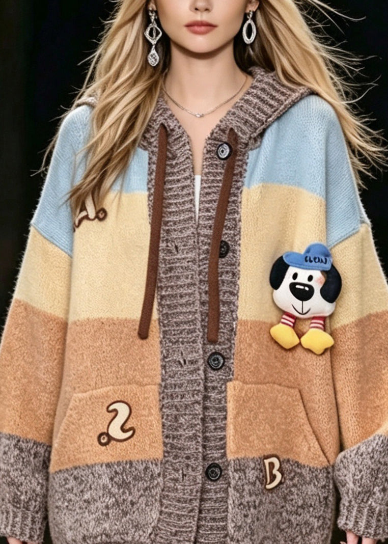 Stylish Yellow Hooded Pockets Patchwork Knit Coat Fall