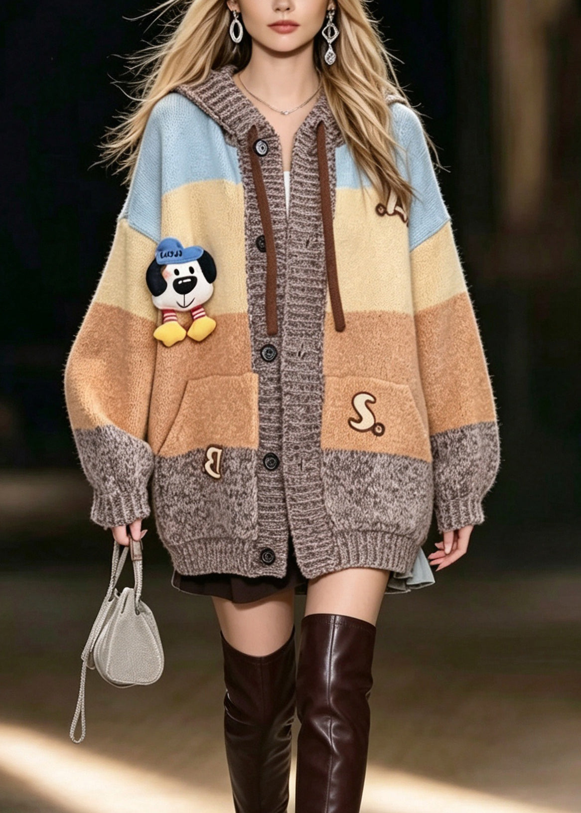 Stylish Yellow Hooded Pockets Patchwork Knit Coat Fall