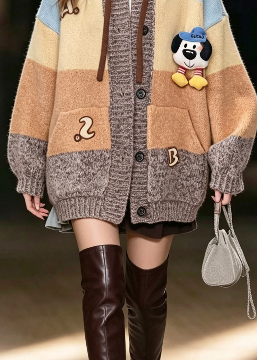 Stylish Yellow Hooded Pockets Patchwork Knit Coat Fall
