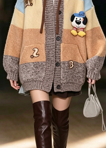 Stylish Yellow Hooded Pockets Patchwork Knit Coat Fall