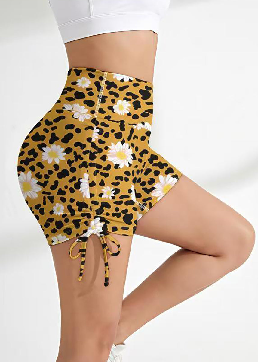Stylish Yellow Leopard Daisy Print High Waist Drawstring Workout Gym Shorts
