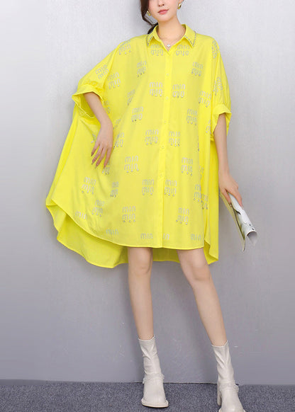 Stylish Yellow Oversized Letter Zircon Shirts Dress Summer