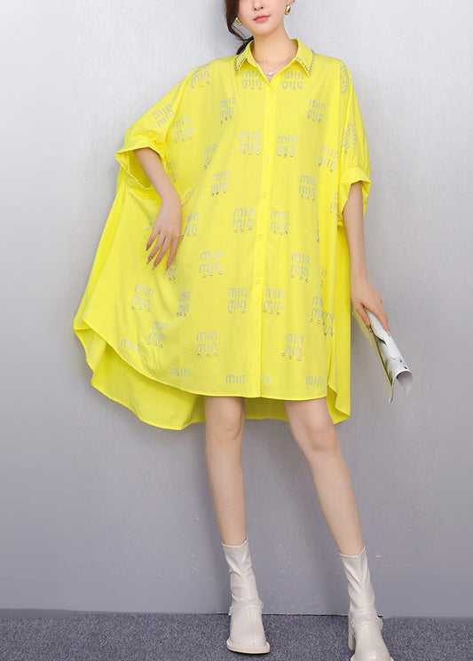 Stylish Yellow Oversized Letter Zircon Shirts Dress Summer