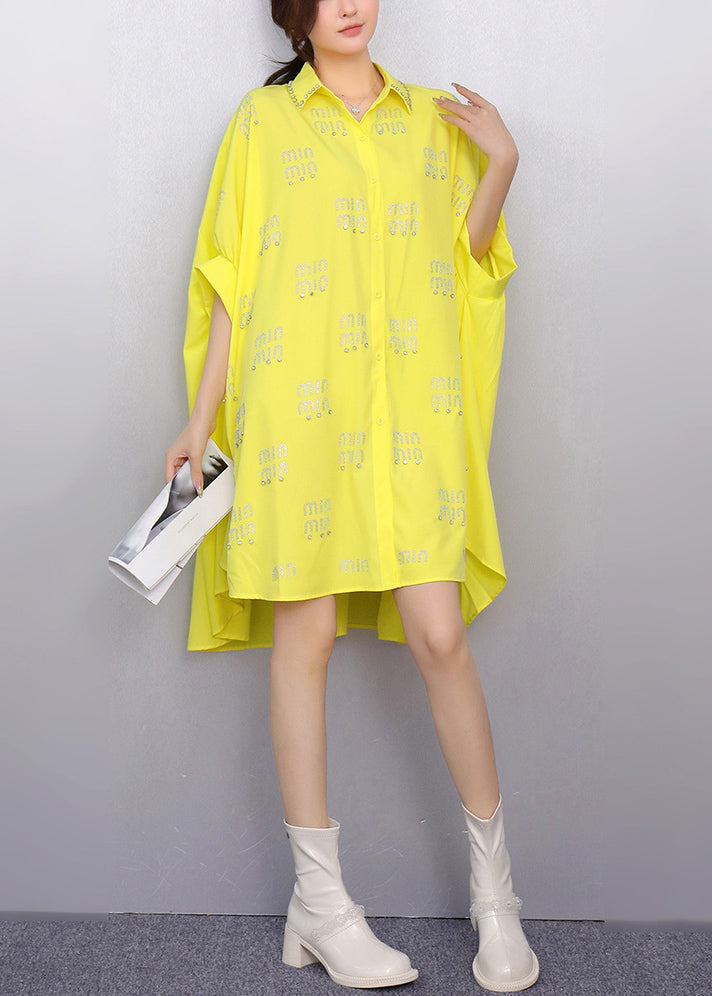 Stylish Yellow Oversized Letter Zircon Shirts Dress Summer