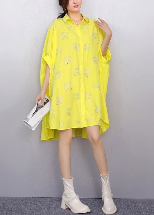Stylish Yellow Oversized Letter Zircon Shirts Dress Summer
