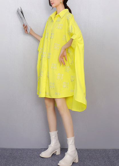 Stylish Yellow Oversized Letter Zircon Shirts Dress Summer
