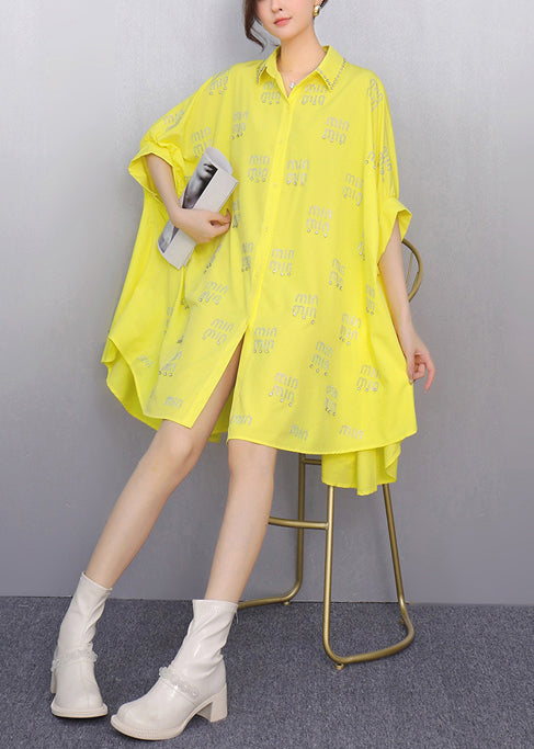 Stylish Yellow Oversized Letter Zircon Shirts Dress Summer