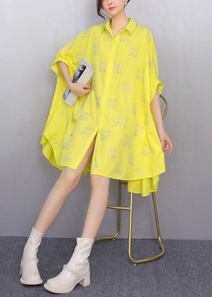 Stylish Yellow Oversized Letter Zircon Shirts Dress Summer