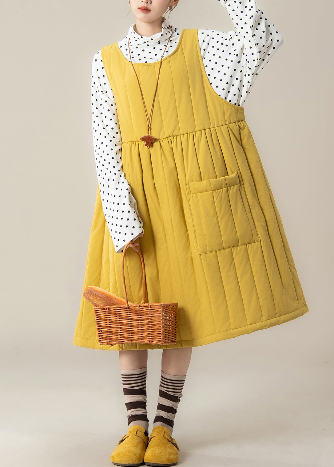 Stylish Yellow Oversized Pocket Fine Cotton Filled Dress Winter