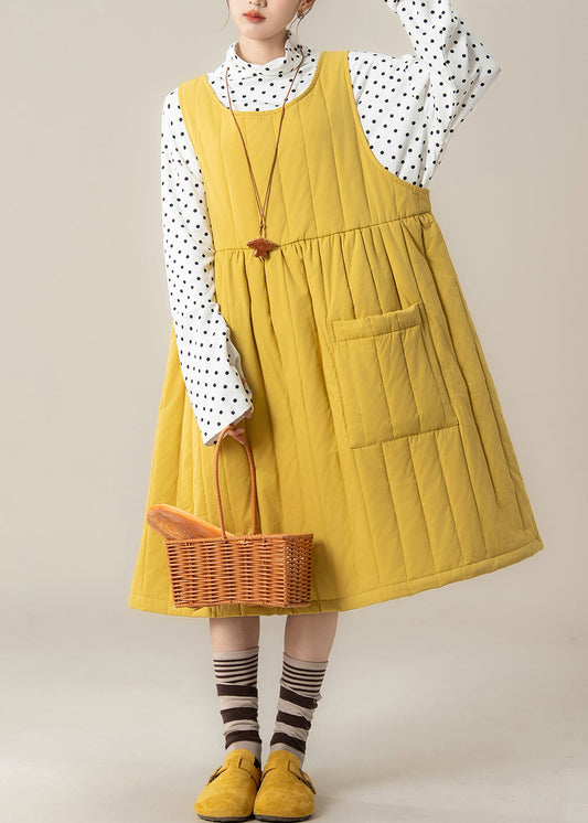 Stylish Yellow Oversized Pocket Fine Cotton Filled Dress Winter