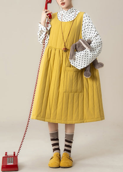 Stylish Yellow Oversized Pocket Fine Cotton Filled Dress Winter