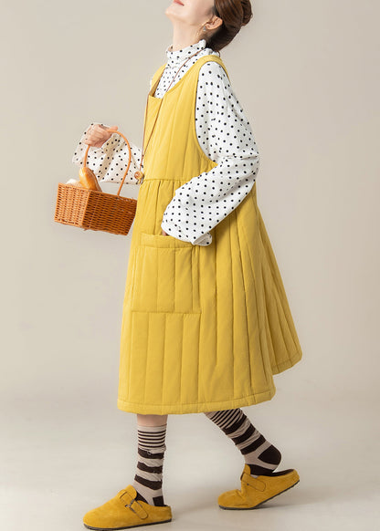Stylish Yellow Oversized Pocket Fine Cotton Filled Dress Winter