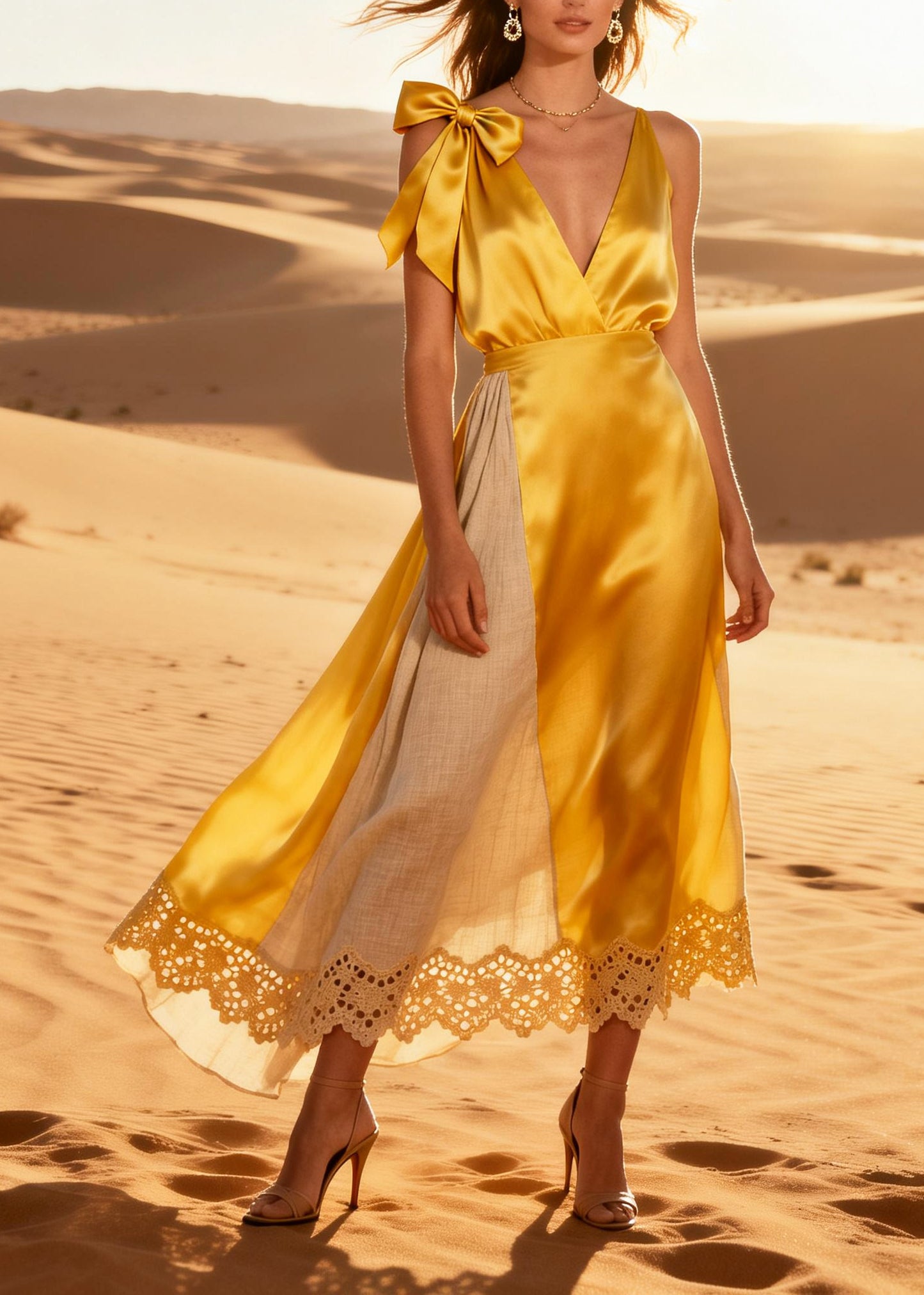 Stylish Yellow Patchwork Hollow Out Silk Robe Dresses Summer