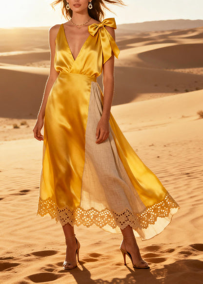 Stylish Yellow Patchwork Hollow Out Silk Robe Dresses Summer