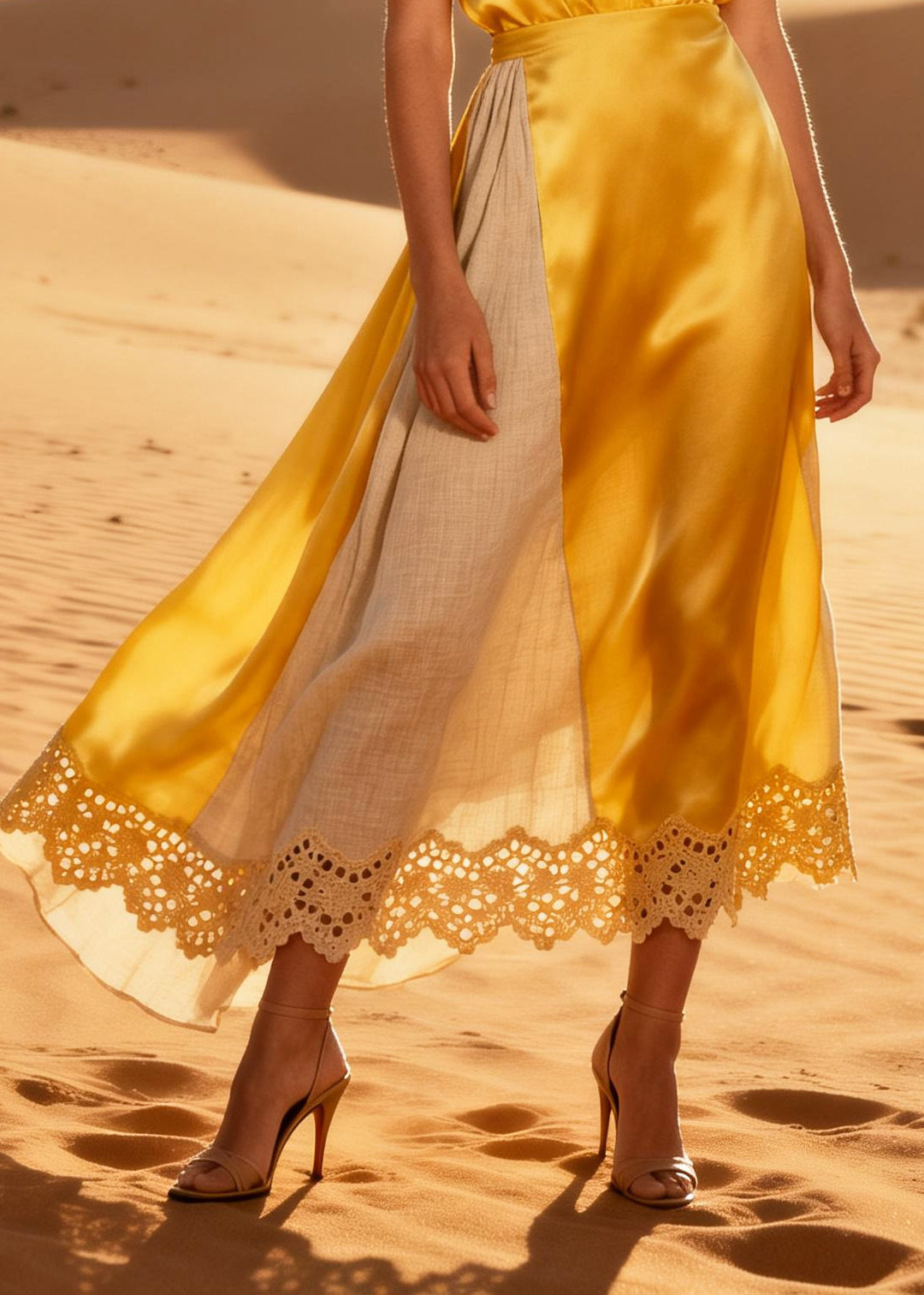 Stylish Yellow Patchwork Hollow Out Silk Robe Dresses Summer