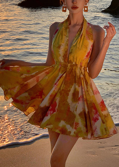 Stylish Yellow Print Backless Lace Up Chiffon Mini Dresses Sleeveless