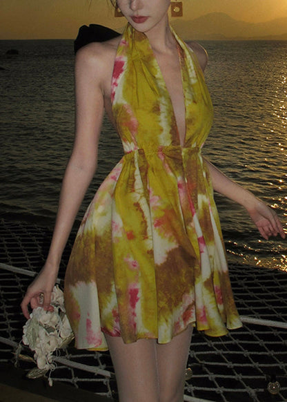 Stylish Yellow Print Backless Lace Up Chiffon Mini Dresses Sleeveless