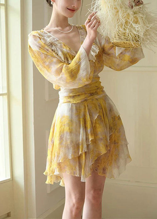 Stylish Yellow Ruffled Lace Print Chiffon Mid Dress Fall