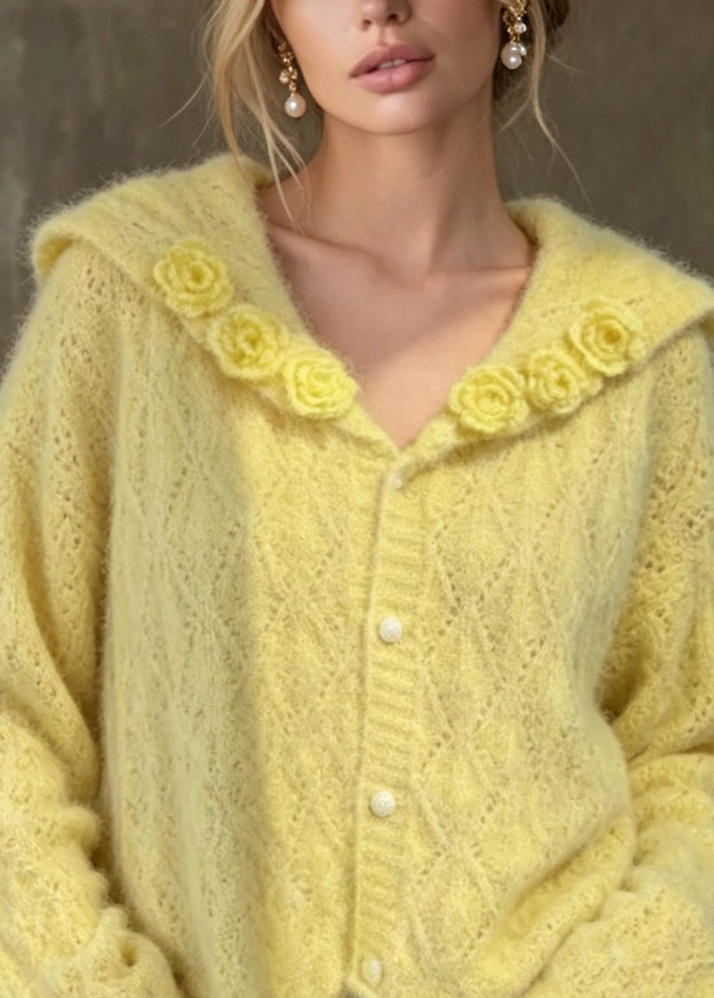 Stylish Yellow Sailor Collar Floral Knit Cardigan Fall