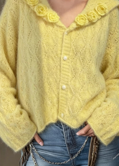 Stylish Yellow Sailor Collar Floral Knit Cardigan Fall