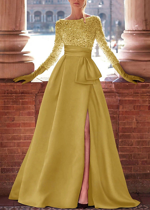 Stylish Yellow Sequins Side Open Patchwork Ankle Dress Spring